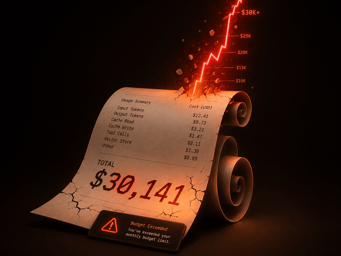 Ember, Mode A: stylized billing invoice out of control with an alarmingly large total ($30,141) in monospace, a cost line shooting vertically off the top, heat ramp from ember orange into alarm red (#E5484D), optional hairline cracks. Warm espresso backdrop, minimal.